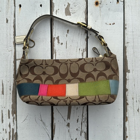 Coach Signature Logo Multicolor Stripe Baguette Purse - Picture 2 of 7